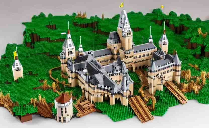 a realistic detailed accurate Lego set of a medieval French castle on a forested green hill