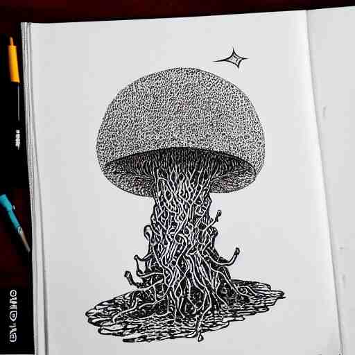 black and white ink doodle illustration of an ancient tree floating in outer space, overgrown with funghi, style by peter deligdisch, peterdraws 