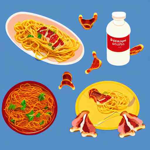 a bowl of spaghetti an omlette and a slice of bacon sitting on a bench, trending on artstation, vector 