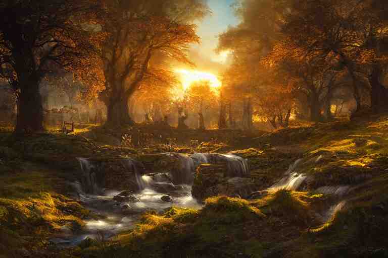 a medieval celtic village with a stream in a forested valley, sunset with ominous shadows by jessica rossier and brian froud cinematic painting 