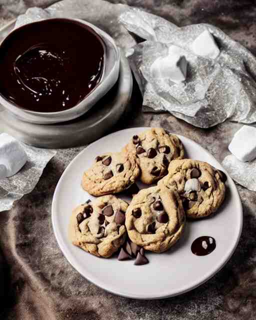 plate full of several freshly baked chocolate chip cookies, delicious, glistening, chocolate sauce, marshmallows, highly detailed, award winning photography octane render 