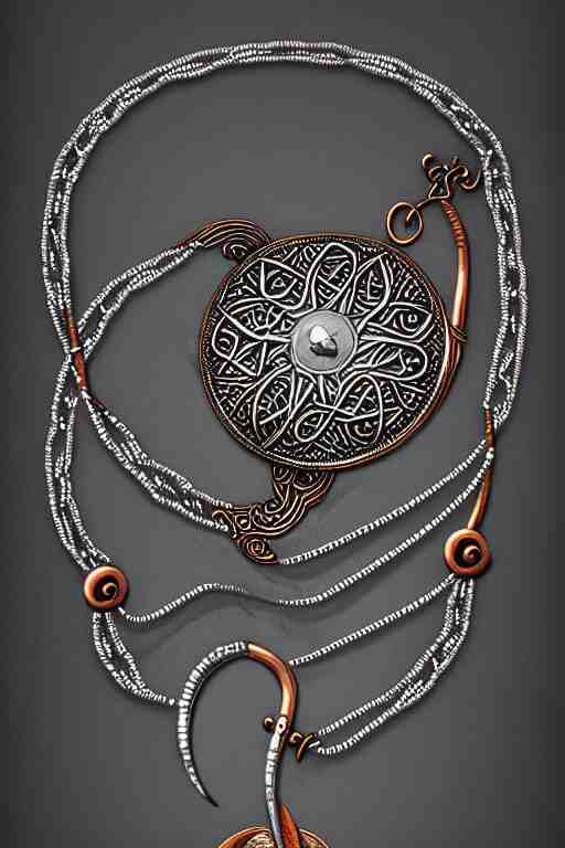 Necklace made of silver,nordic, kalevala,  Copper lining ,intricate, elegant, highly detailed, digital painting,  artstation, concept art, addiction, chains, smooth, sharp focus, illustration, art by Ilja Repin 