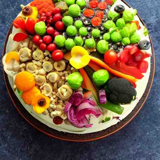 photo of a cake with vegetables toppings 