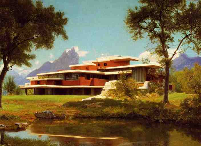 painting of a frank lloyd wright house in front of beautiful mountains by albert bierstadt 