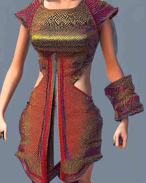 marvelous designer 3d render Assamese bihu mekhela sador pattern gamosa style fashion costume design, D&D futuristic retrofuturistic-sci-fi dynamic, modern stylish glamour body hugging cosplay, highly inventive pattern cutting, cgsociety, unreal engine 8k