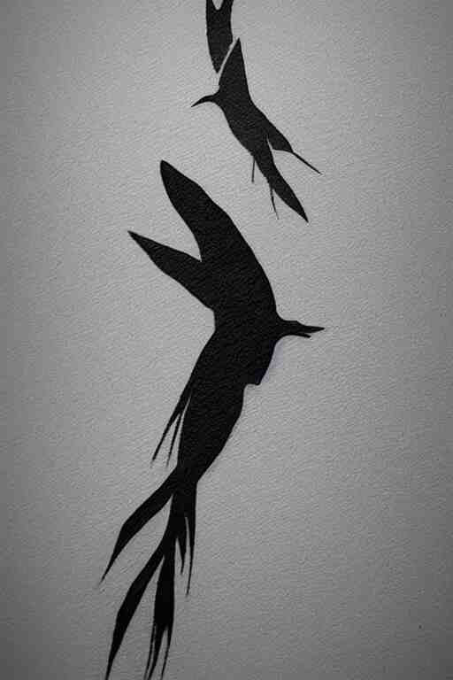 a simple artistic tattoo design of minimalist flying birds, black ink, abstract geometric logo 