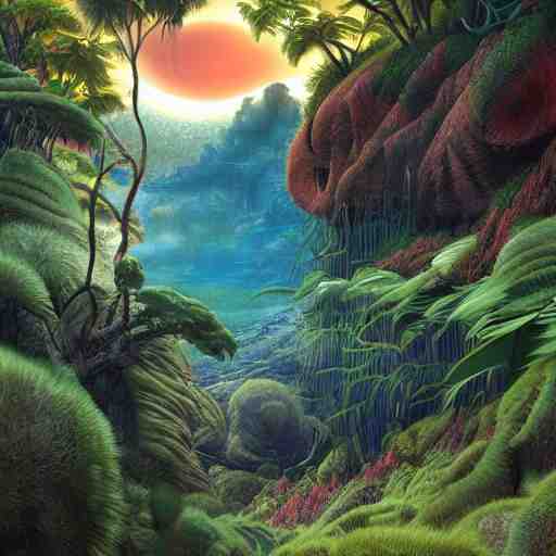 digital painting of a lush natural scene on an alien planet by gerald brom. digital render. detailed. beautiful landscape. colourful weird vegetation. cliffs and water. 