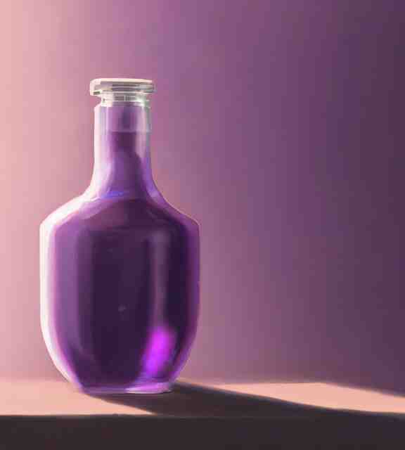 a closeup of a purple potion in a round bottle on a messy desk. by makoto shinkai, stanley artgerm lau, wlop, rossdraws, james jean, andrei riabovitchev, marc simonetti, krenz cushart, sakimichan, d & d trending on artstation, digital art 