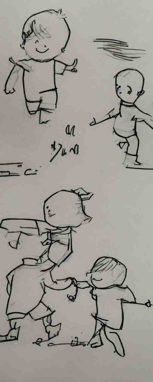 a child's simple drawing of playing with a friend, concept art, sparse layout 