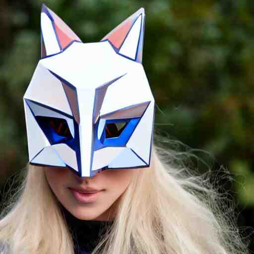 a young blue-eyed blonde woman wearing a lowpoly fox mask made of transparent glass, looking sideways seductively