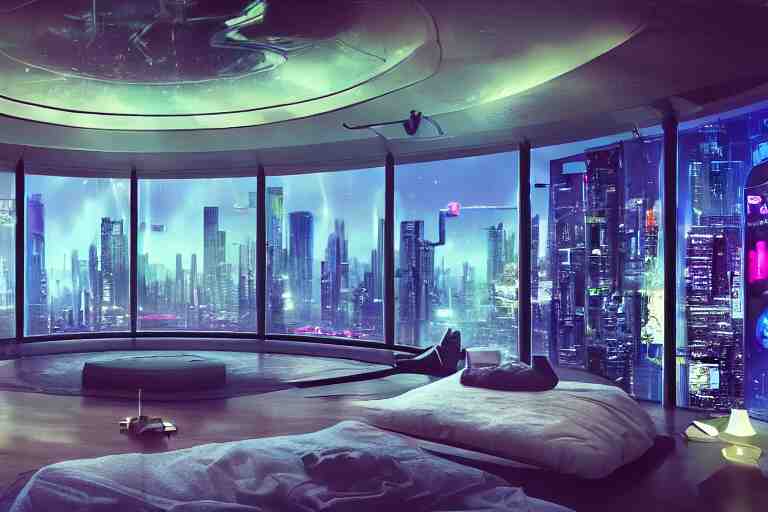 a futuristic bedroom with large curved ceiling high windows looking out to a far future cyberpunk cityscape, cyberpunk neon lights, raining, scifi