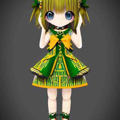 cute fumo plush of a girl in a green and gold tribal patterned dress, stylized material bssrdf, cel shading, vray, anime girl 