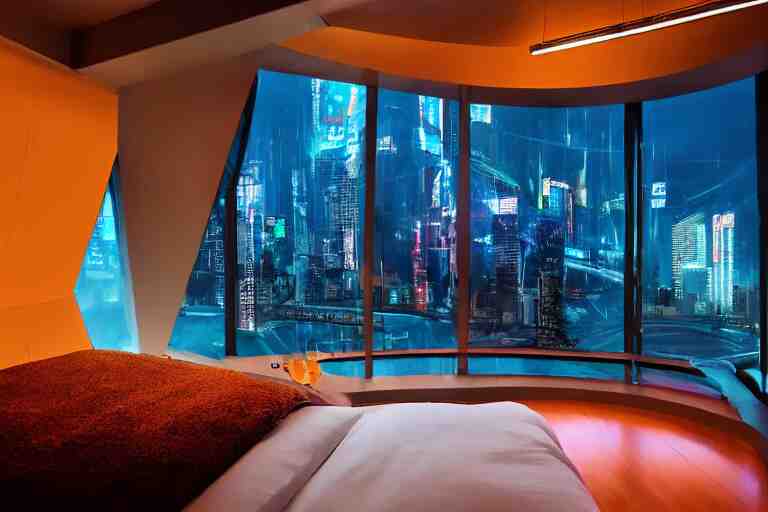 a futuristic bedroom with large curved ceiling high windows looking out to a far future cyberpunk cityscape, flying vehicles and robots passing by outside, night time, cyberpunk neon lights, raining