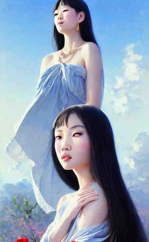 a beautiful young charming asian goddess with sundress + jewelry + shinny eyes | | winter, symmetric, realistic shaded, unpleasant face, good looking, fine details, dior, lv, realistic shaded lighting poster by greg rutkowski, macoto takahashi, magali villeneuve, artgerm, jeremy lipkin and michael garmash 