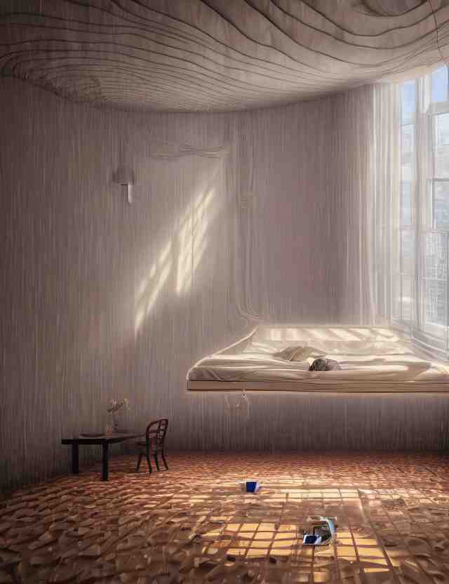 an ultra wide angle photo of a bed hovering above the floor in the middle of a giant bedroom with windows opening to other worlds by casey weldon and lee madgewick, photorealistic, octane render, recursive, flowing, cascading, multiverse, labyrinthine 