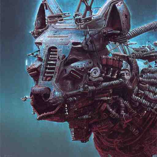 hyena robot, cyberpunk, highly detailed quadrupedal cyborg, beksinski style, very detailed painting 