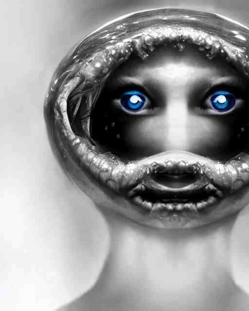 detailed eyes, face of an underwater human descendant fishwoman, darkness, macro lens, very deep sea, mariana trench, teeth, dark, hd, dagon, fishpeople