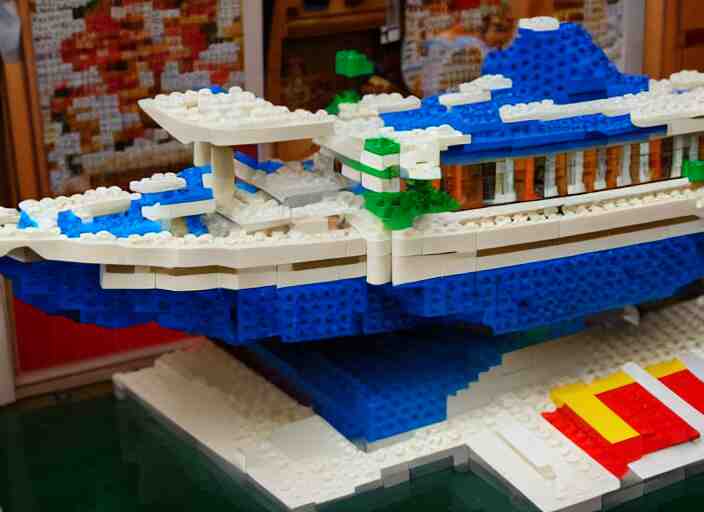 a real life-sized boat made out of translucent LEGO bricks.