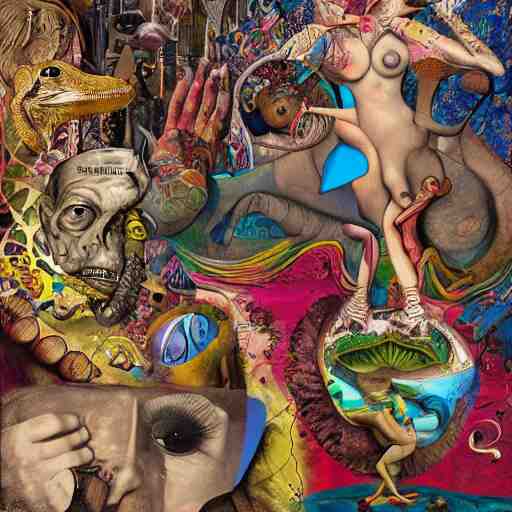 beautiful, insane, bizarre, wacky, mixed media collage, dadaist, picasso, giraud, kinkade, artstation, vivid, hyper detailed, digital art, deep and dense coloration, 