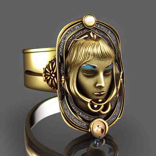 complex golden ring with cameo and gems on the female model hand with bust with a cyberpunk style, 8k, details