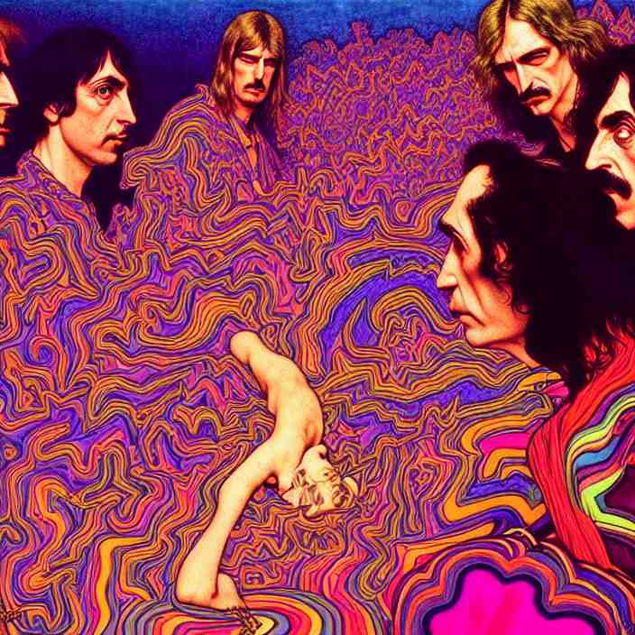 bright psychedelic photo of pink floyd and frank zappa tripping on lsd, diffuse lighting, fantasy, intricate, elegant, highly detailed, lifelike, photorealistic, digital painting, artstation, illustration, concept art, smooth, sharp focus, art by John Collier and Albert Aublet and Krenz Cushart and Artem Demura and Alphonse Mucha