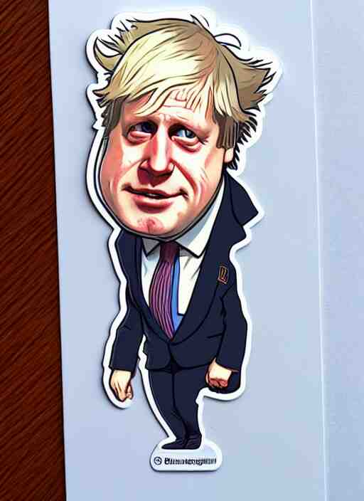 cute boris johnson sticker design, natural lighting, path traced, highly detailed, high quality, digital painting, by don bluth and ross tran and studio ghibli and alphonse mucha, artgerm 