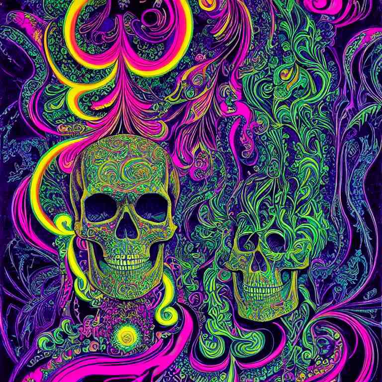 psychedelic skull infinite fractal worlds bright neon colors highly detailed cinematic eyvind earle tim white philippe druillet roger dean lisa frank aubrey beardsley 