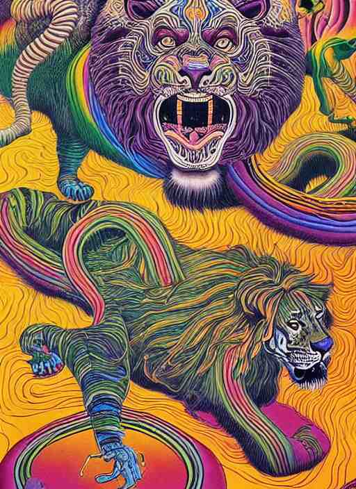 lions and tiger and bears dissolving into melted liquid braids, cubensis, aztec, basil wolverton, r crumb, hr giger, mc escher, dali, muted but vibrant colors, rainbow tubing, ribbons and folds 