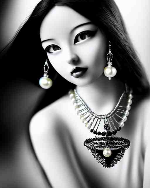 black and white dreamy young beautiful female artificial intelligence, realistic pearl ornament in the face, long hair are intricate with highly detailed realistic pearls, cinematic, rim light, bokeh, photo - realistic, elegant, high detail, 8 k, masterpiece, photo taken in 1 9 3 0 