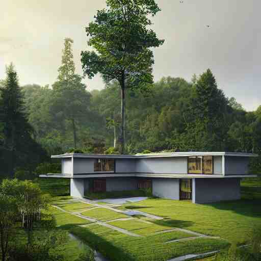 rectangular modernist house inspired by a tibetan palace, surrounded by thick collumns, two levels, in a field, big trees, clouds, dramatic lighting, artstation, matte painting, raphael lacoste, simon stalenhag, frank lloyd wright, drone view 