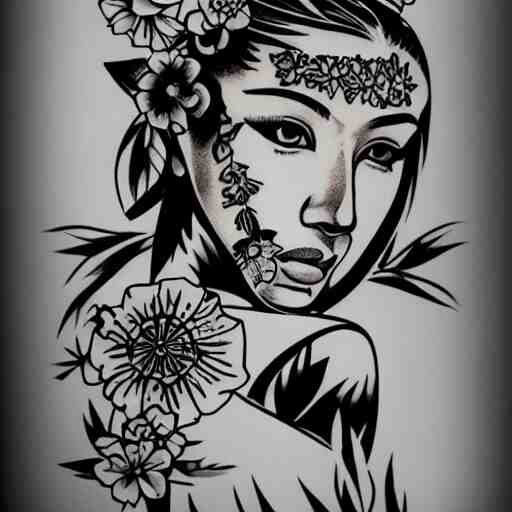tattoo design, stencil, stencil on paper, tattoo stencil, traditional, beautiful portrait of a traditional Hawaiian girl with flowers in her hair, upper body, by artgerm, artgerm, artgerm, digital art, cat girl, anime eyes, anime, sexy, super model-s 100