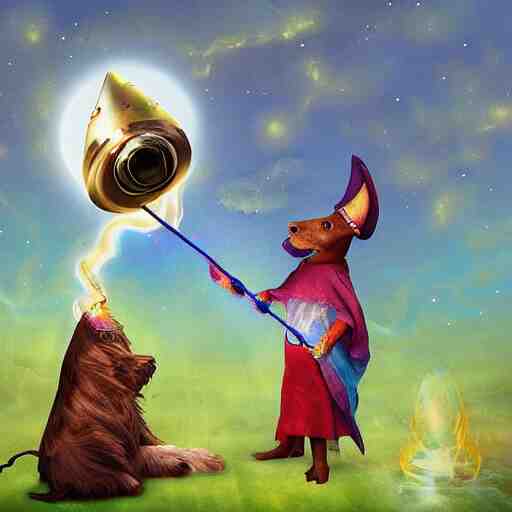 wizard dog as magic wizard casting spell surreal art