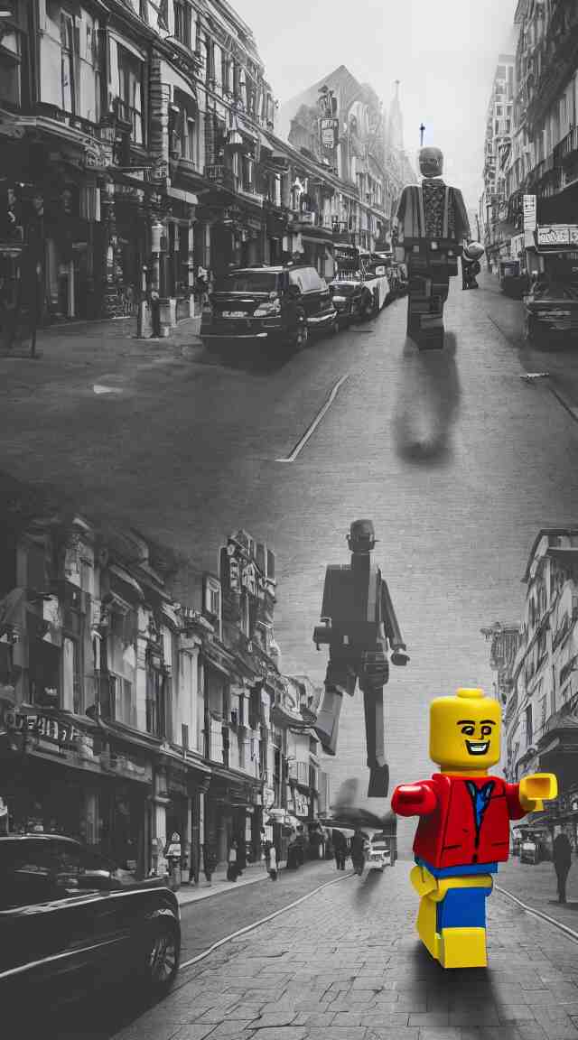 hyperrealistic giant lego man walking through street, street view, epic lighting, composition 