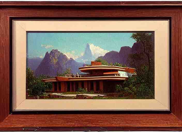 painting of a frank lloyd wright house in front of beautiful mountains by albert bierstadt 