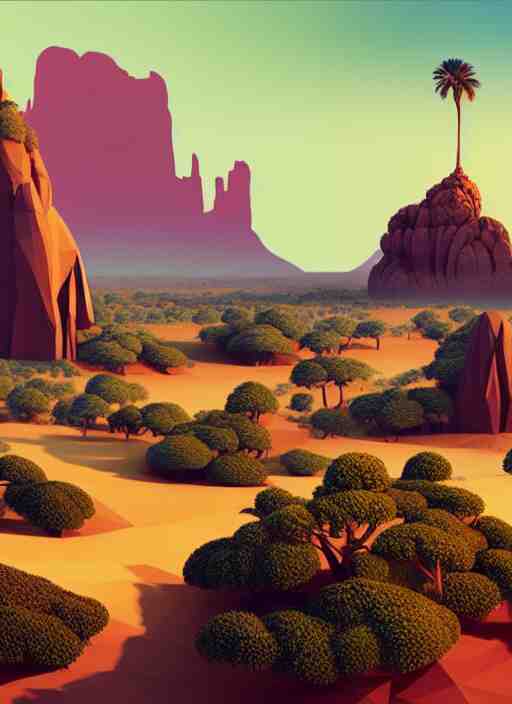 a low poly isometric render of socotra island with dragon trees in the style of monument valley, intricate, elegant, smooth shading, soft lighting, illustration, simple, solid shapes, by magali villeneuve, jeremy lipkin and michael garmash, rob rey and kentaro miura style, octane render, midsommar 