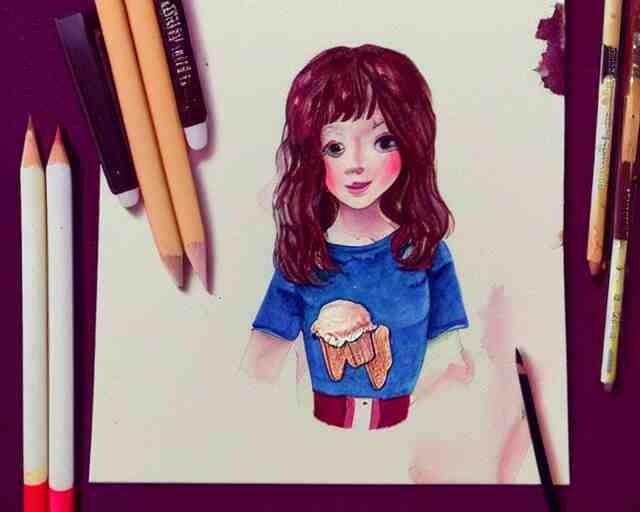 a girl with the ice cream watercolor colored pencil painting trending on artstation 