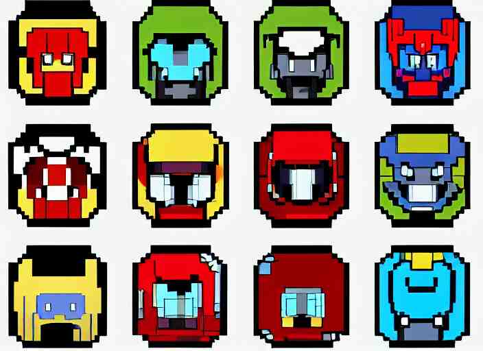 a 3 - by - 3 grid of 9 framed closeup face portraits of cute evil robots, in the style of mega man. 