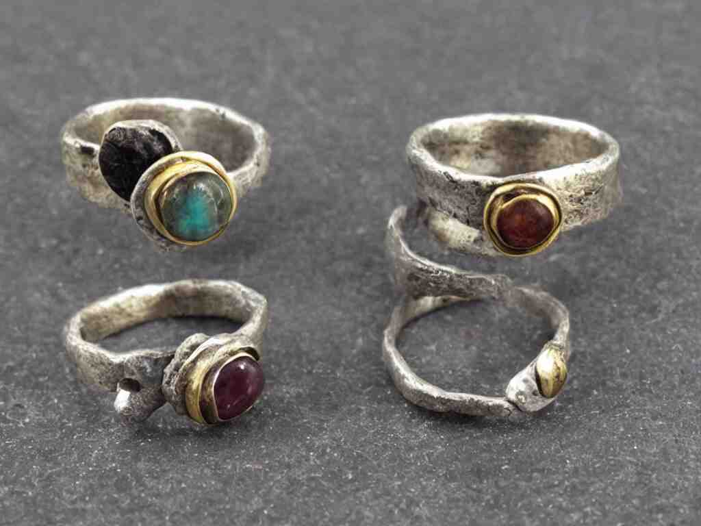 innovative rustic hand made rings hand crafted from silver and brass and natural gemstones