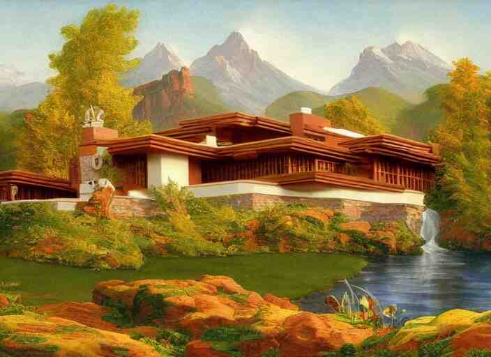 painting of a frank lloyd wright house in front of beautiful mountains by thomas cole 