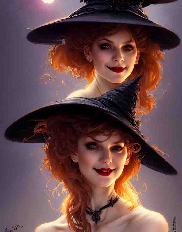 halloween witch woman in a hat smiles, fantasy magic, undercut hairstyle, dark light night, intricate, elegant, sharp focus, illustration, highly detailed, digital painting, concept art, matte, art by wlop and artgerm and greg rutkowski and alphonse mucha, masterpiece 