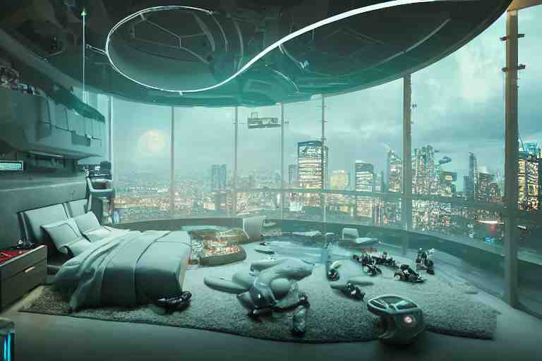 a futuristic bedroom with large curved ceiling high windows looking out to a far future cyberpunk cityscape, flying vehicles and robots passing by outside, night time, cyberpunk neon lights, raining