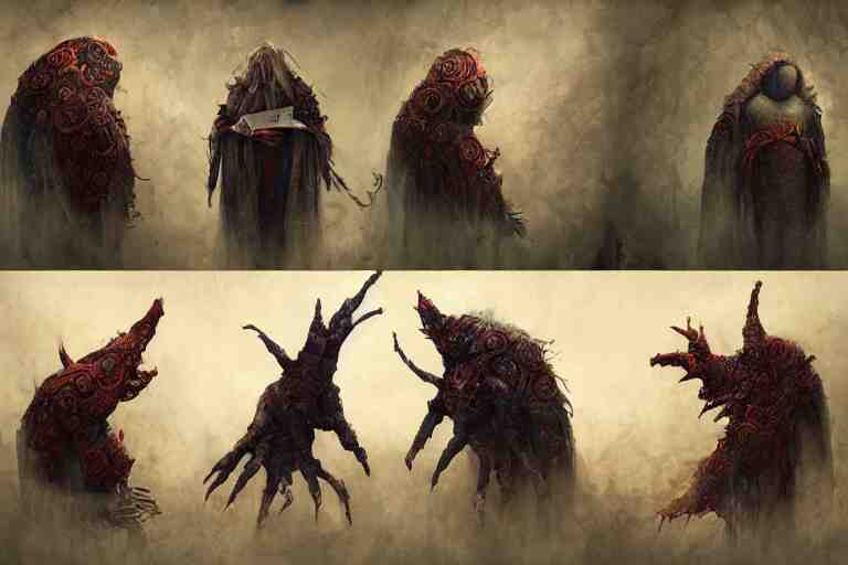 Pages of a book with strange and mystical creatures scary and dangerous, concept art, inspired by Reylia Slaby, Guillermo del Toro, trending on artstation, volumetric lighting, intricate, ornate, CGsociety