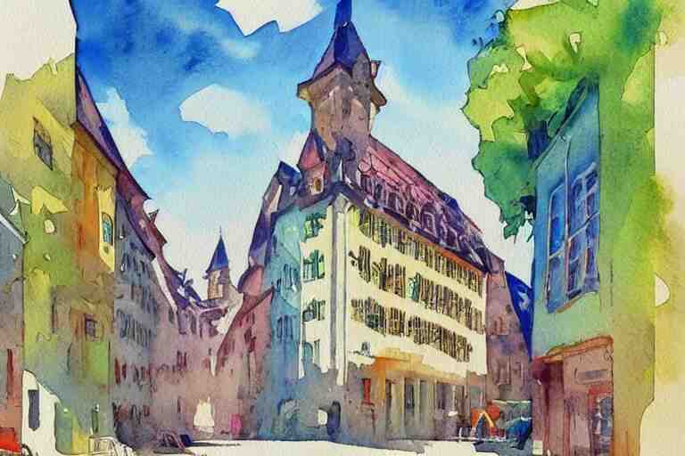 !! watercolor!! luxemburg in a sunny day, artwork by tooth wu, colorful contrast,!!!! very coherent!!!!, dark shadow, thick lineart 