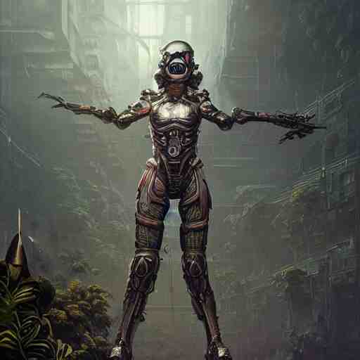 Futuristic female soldier in armour standing in a machine city with alien plants, highly detailed, fractals, ornate, cinematic, 8k, by Stanley Artgermm, Tom Bagshaw, Greg Rutkowski, Carne Griffiths, Ayami Kojima, Beksinski, Giger, trending on DeviantArt, hyper detailed, full of color, digital art,