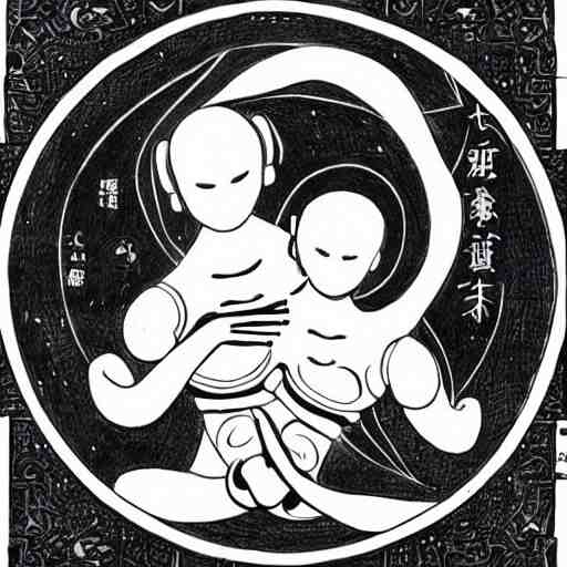 a pregnant robot woman giving birth to a yin - yang daoist symbol emerging out of womb, full body black and white drawing 