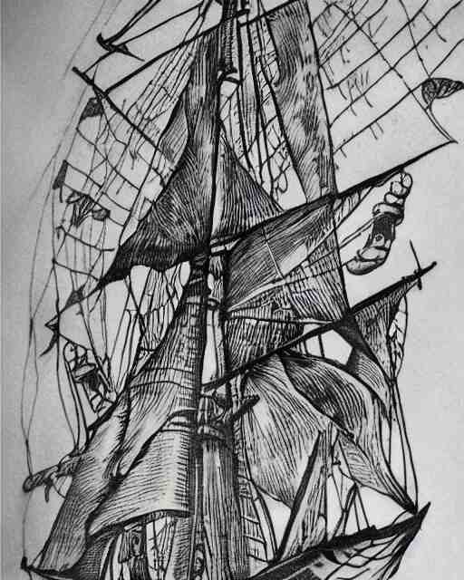 A tattoo design on paper of a pirate ship, on paper, black and white, highly detailed tattoo, realistic tattoo, by nik lucas