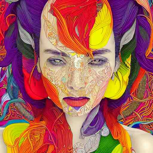 the portrait of a beautiful young woman partially made up of bell peppers of all colors, an ultrafine detailed illustration by james jean, intricate linework, bright colors, final fantasy, behance contest winner, vanitas, angular, altermodern, unreal engine 5 highly rendered, global illumination, radiant light, detailed and intricate environment 