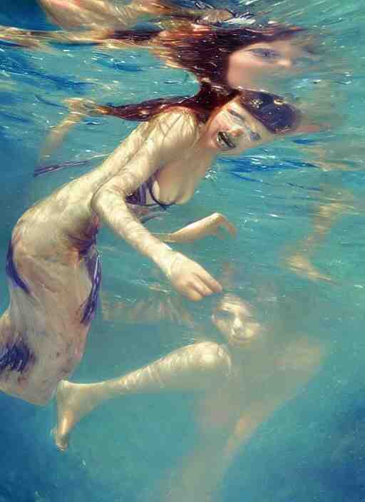 girl in a long dress swimming underwater, caustics, surreal underwater photography, oil painting by Boldini