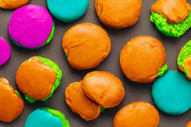 mcdonalds colorful pattys between buns, commercial photograph taken on table 