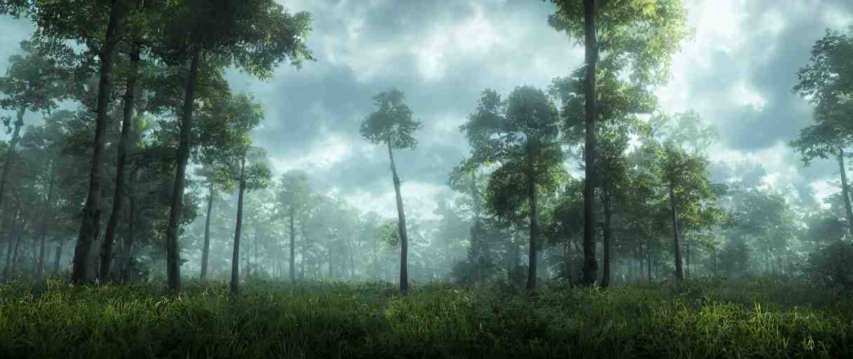 a wide shot of a forest growing on top of cumulus clouds, beautiful, stunning, serene, volumetric light, volumetric clouds, photography, color, intricate, extremely detailed, photorealistic, unreal engine 5